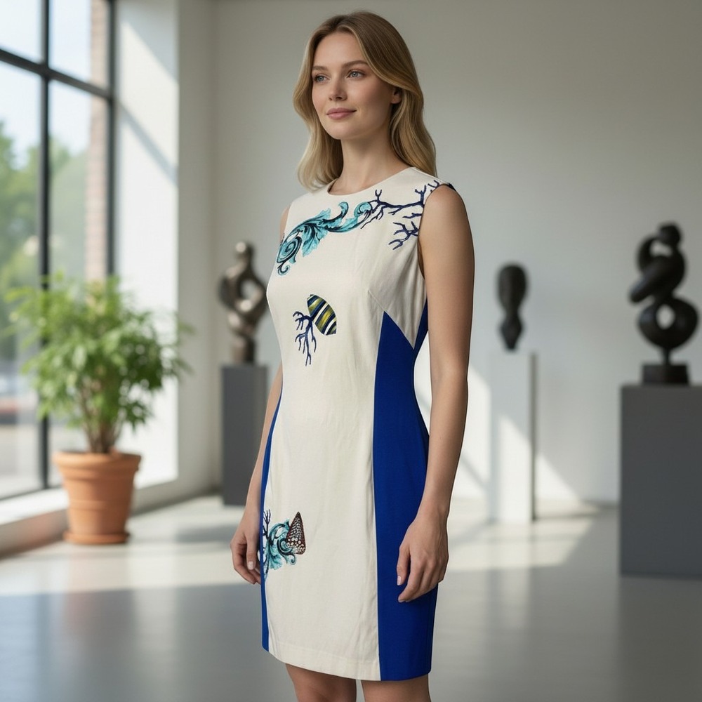 Versace Collection Cream Blue Coral Print Sheath Dress Sleeveless